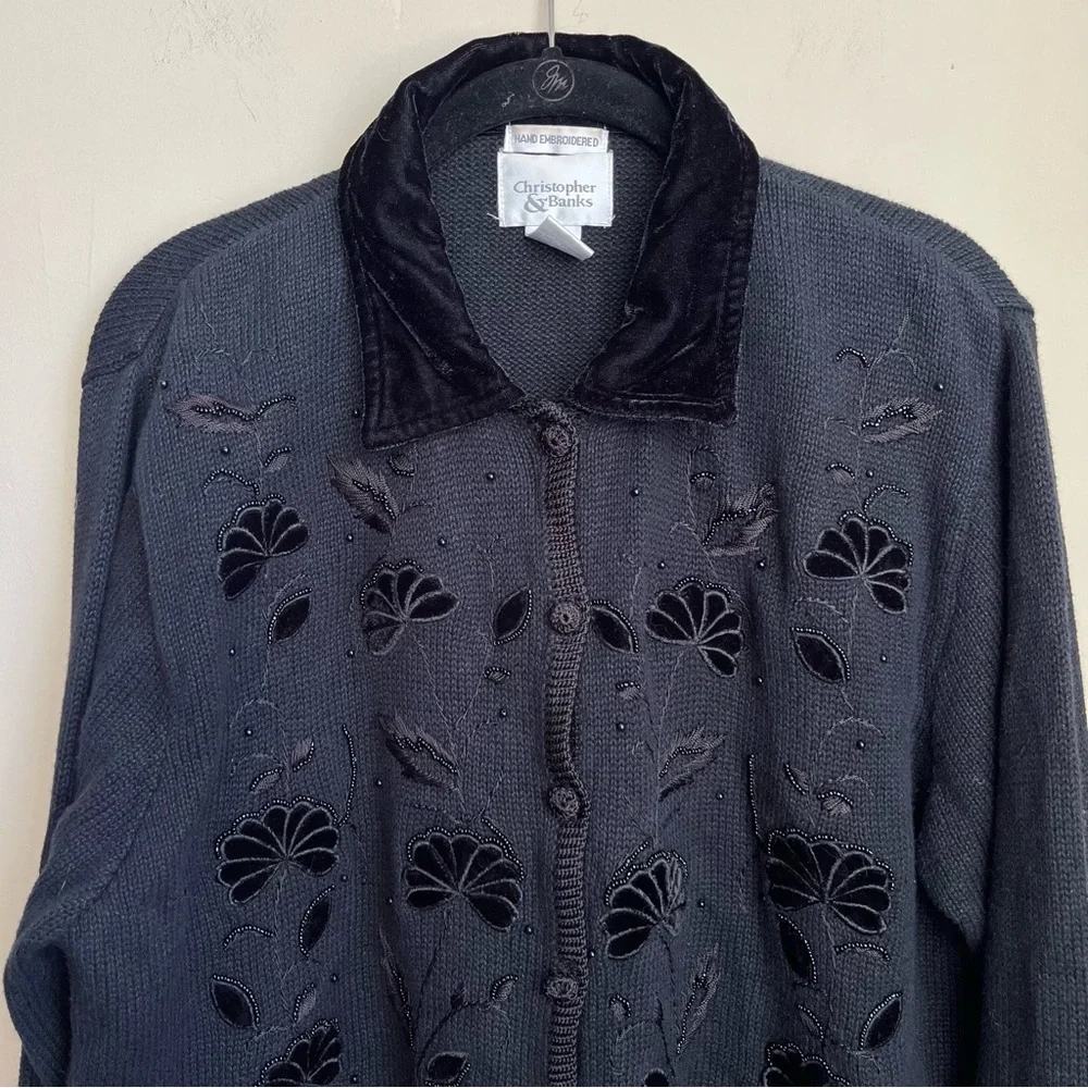 vintage velvet collar floral embroidered cardigan - Picture 3 of 12